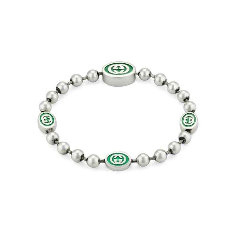 BRACCIALE ARGENTO SMALTO VERDE 18CM UOMO-DONNA GUCCI INTERLOCKING G